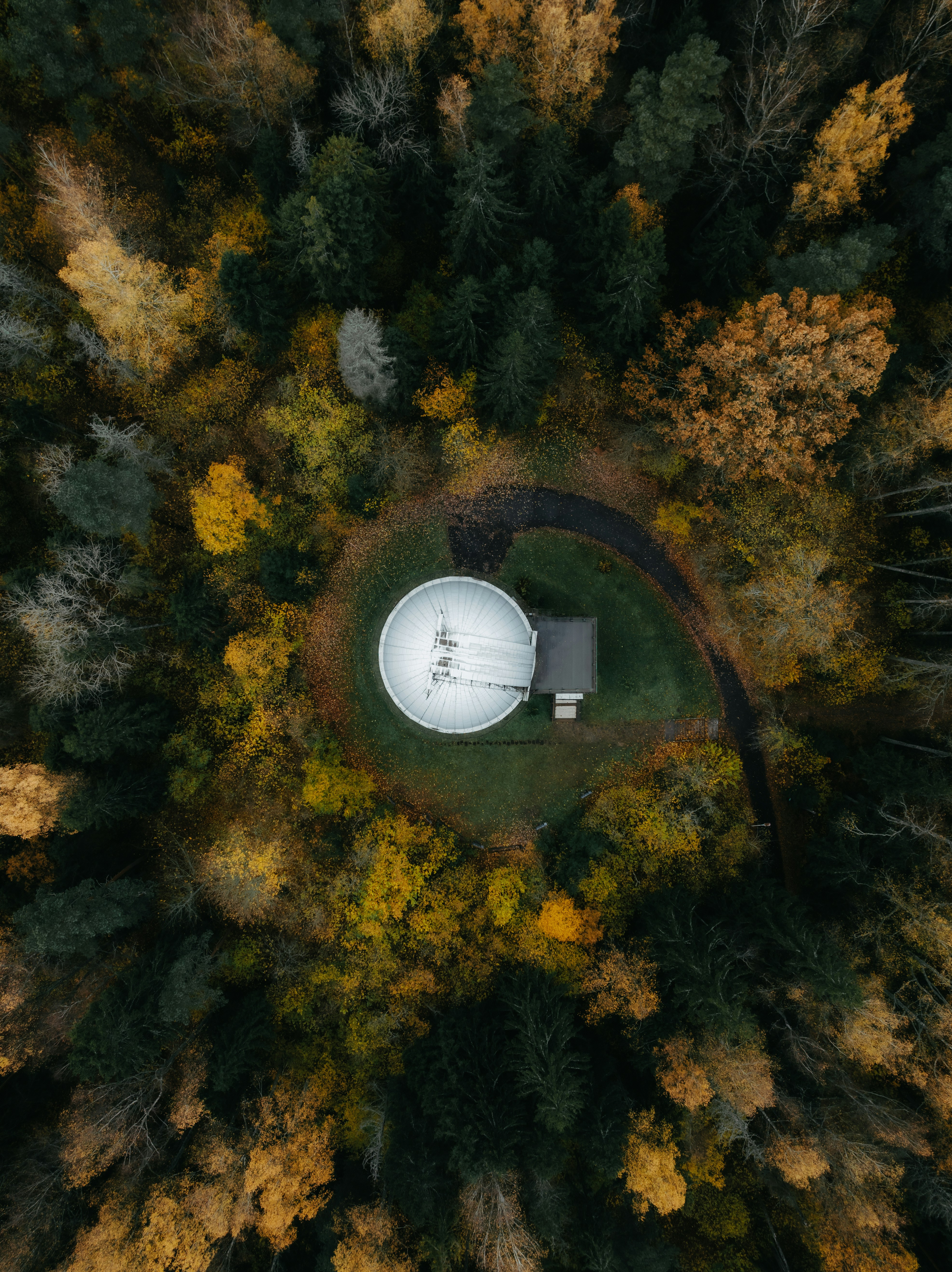 Observatory dome surrounded by autumn forest from above